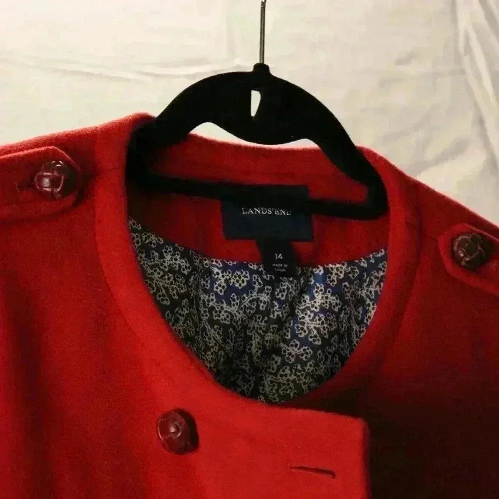 Lands' End Red Wool Long Coat women's 14 vintage pea coat winter warm - Picture 4 of 10